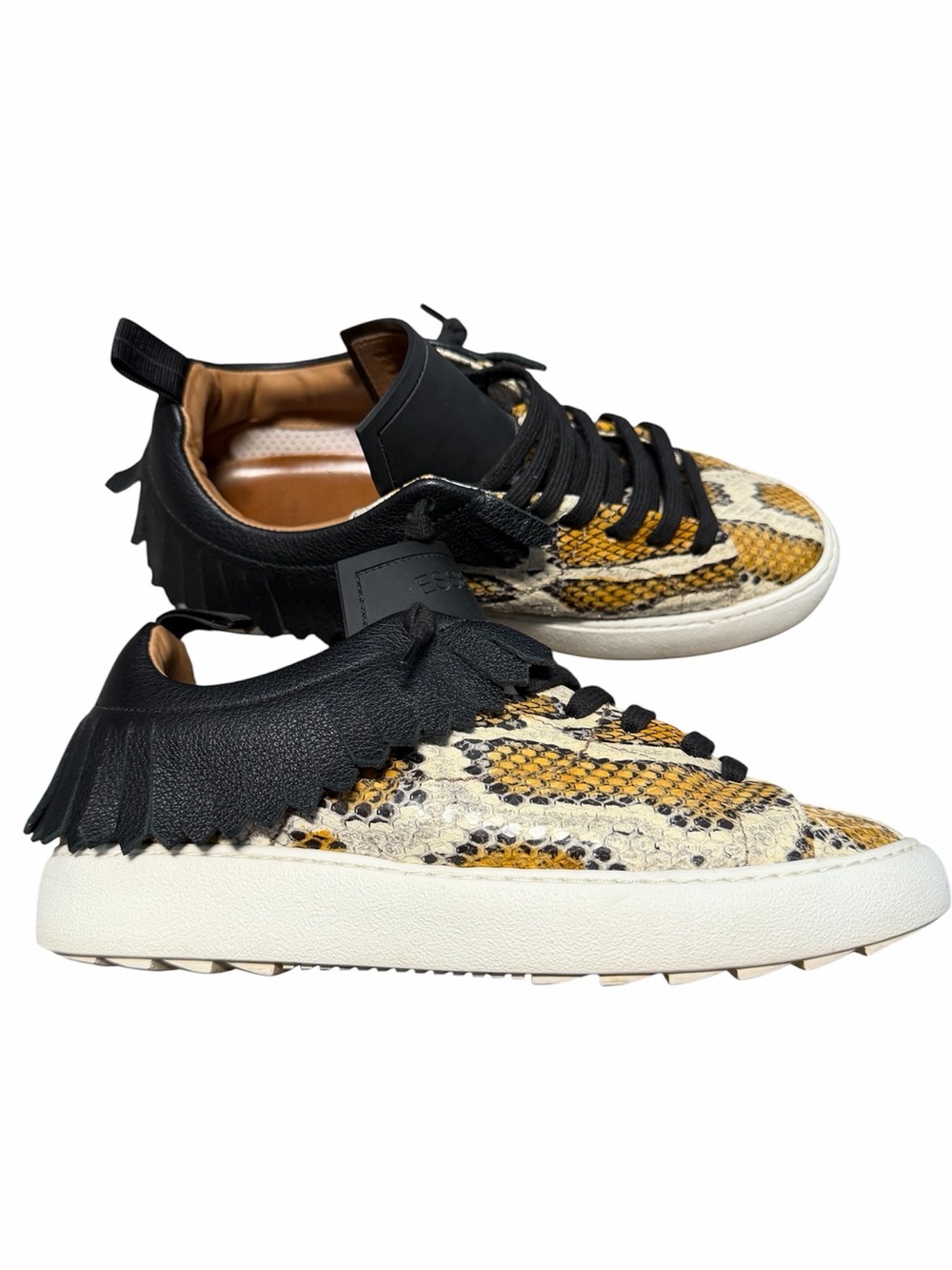 Esseutesse Leather Fringe Snake‎ Print Sneakers size 37 7-7.5